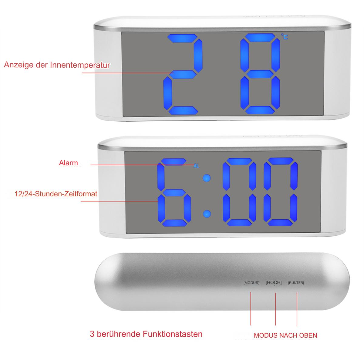 Digitaluhr mit blauen Ziffern und Tasten. Zeigt 28 und 6:00 mit Tasten für Einstellungen.