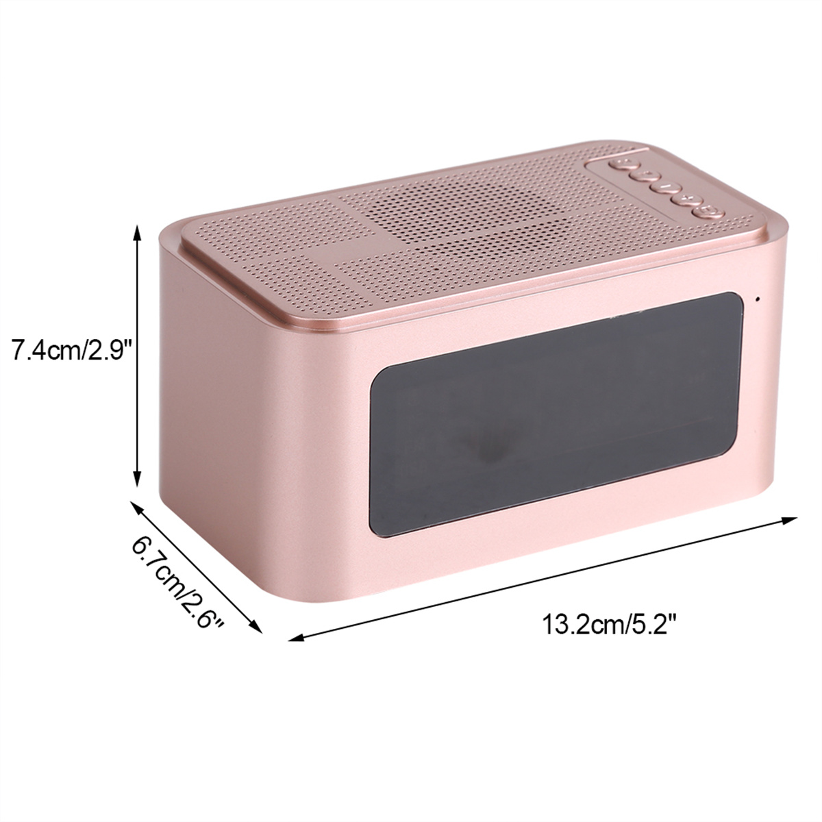 Roségoldener Lautsprecher mit schwarzem Bildschirm. Abmessungen angezeigt. Oben sind Knöpfe.