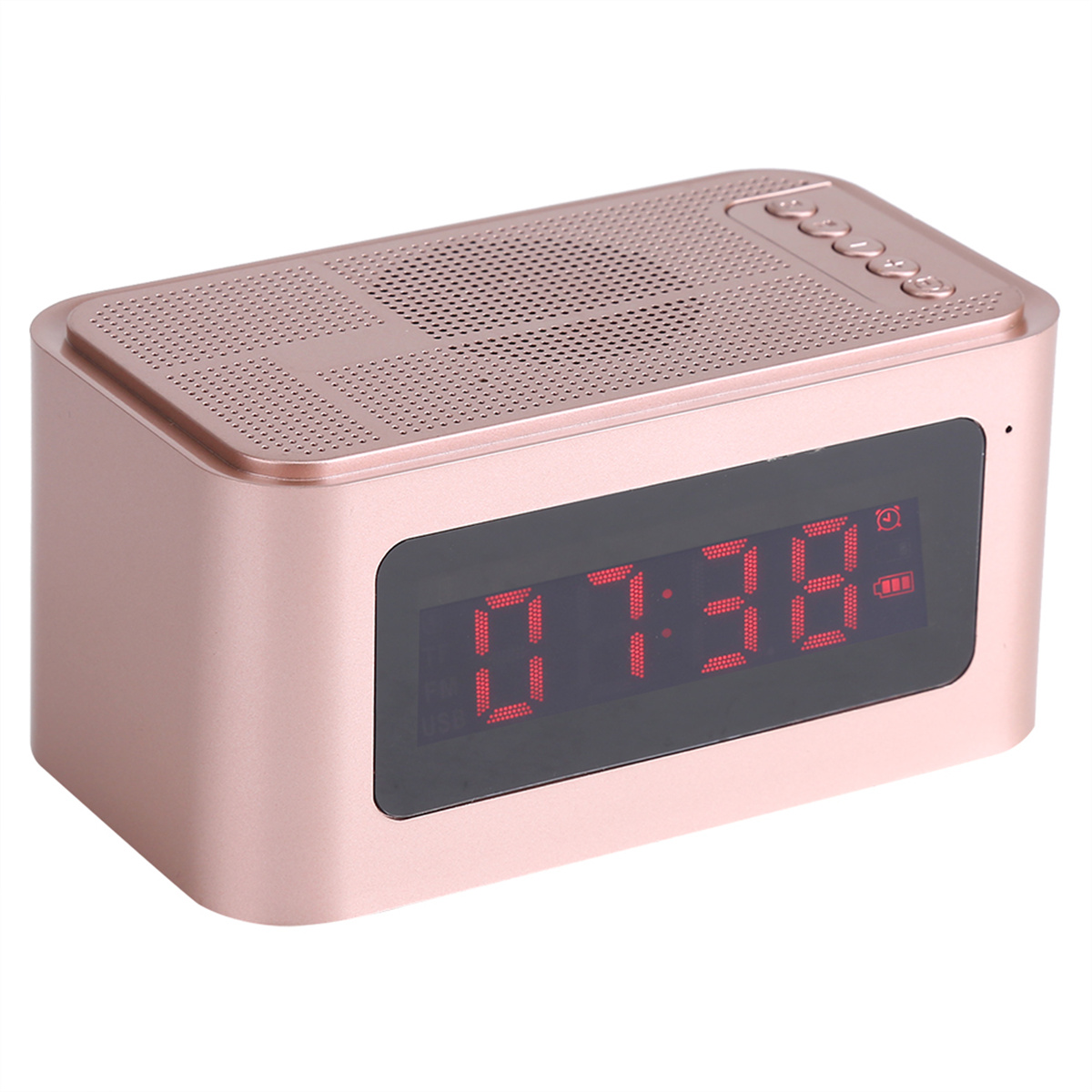 Ein roségoldener Wecker, der die Uhrzeit 07:36 anzeigt. Knöpfe befinden sich oben.