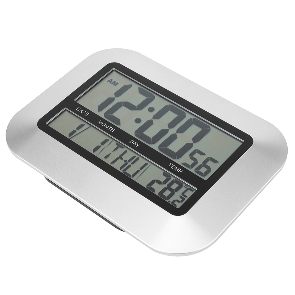 Silberne Digitaluhr, die Zeit, Datum und Temperatur anzeigt. Sie hat einen silbernen Rahmen und ein schwarzes Display.