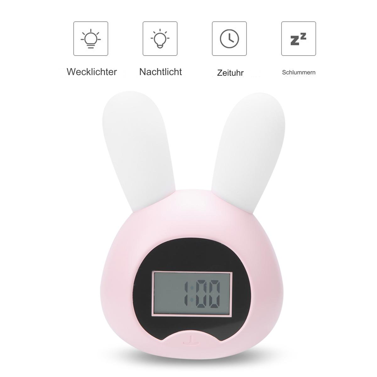 Ein rosa, hasenförmiger Wecker mit digitaler Anzeige, die 1:00 anzeigt, mit weißen Ohren.