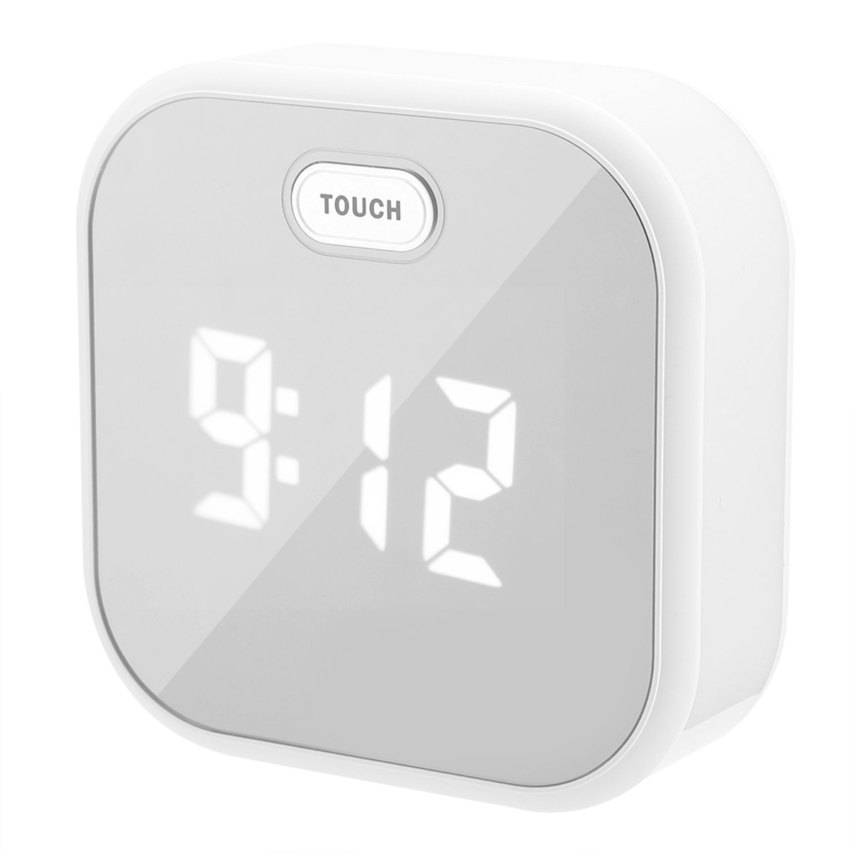 Eine weiße Digitaluhr mit grauem Bildschirm zeigt 9:12 an. Das Wort 'TOUCH' steht über einer Taste.