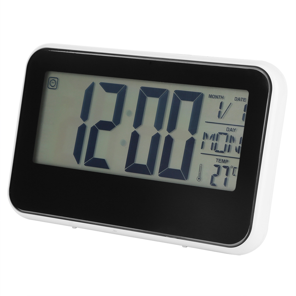 Digitaluhr mit weißem Rahmen, zeigt Zeit, Datum, Tag und Temperatur an.