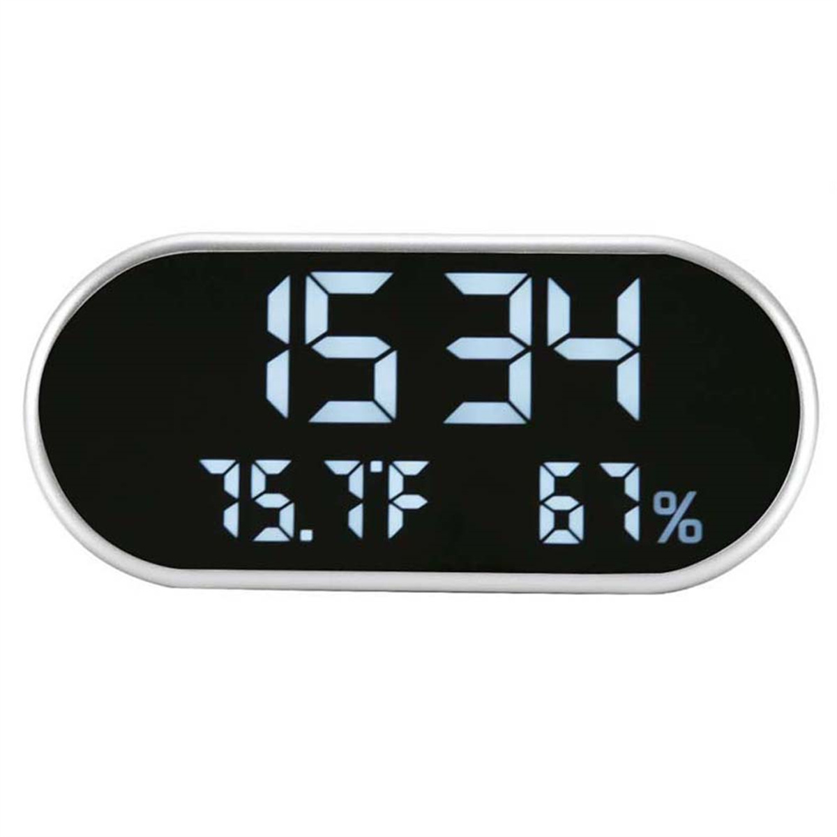 Digitaluhr mit 15:34, 75,7 °F und 67 % Luftfeuchtigkeit.