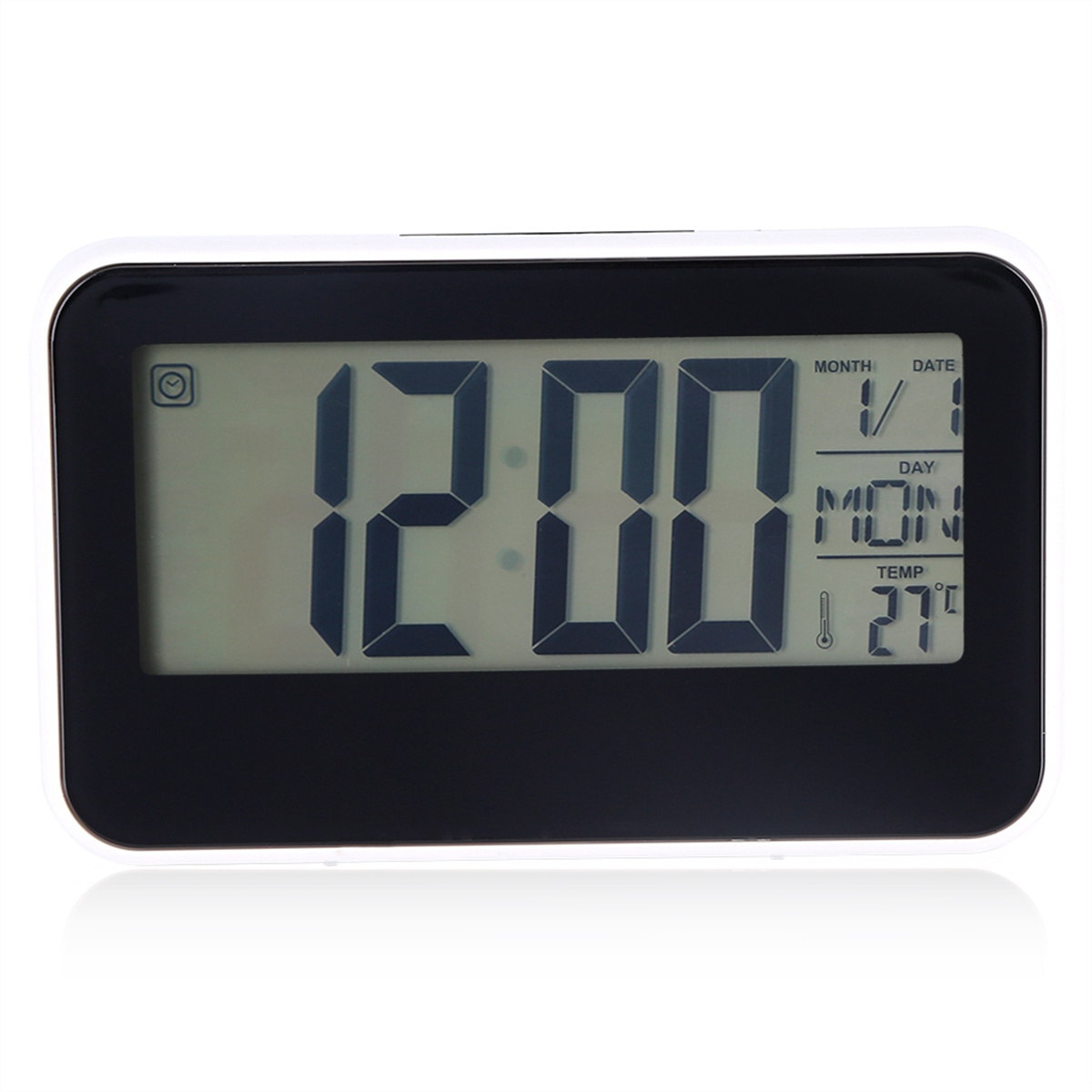 Ein digitaler Wecker, der 12:00 anzeigt, mit Tag, Datum und Temperatur.
