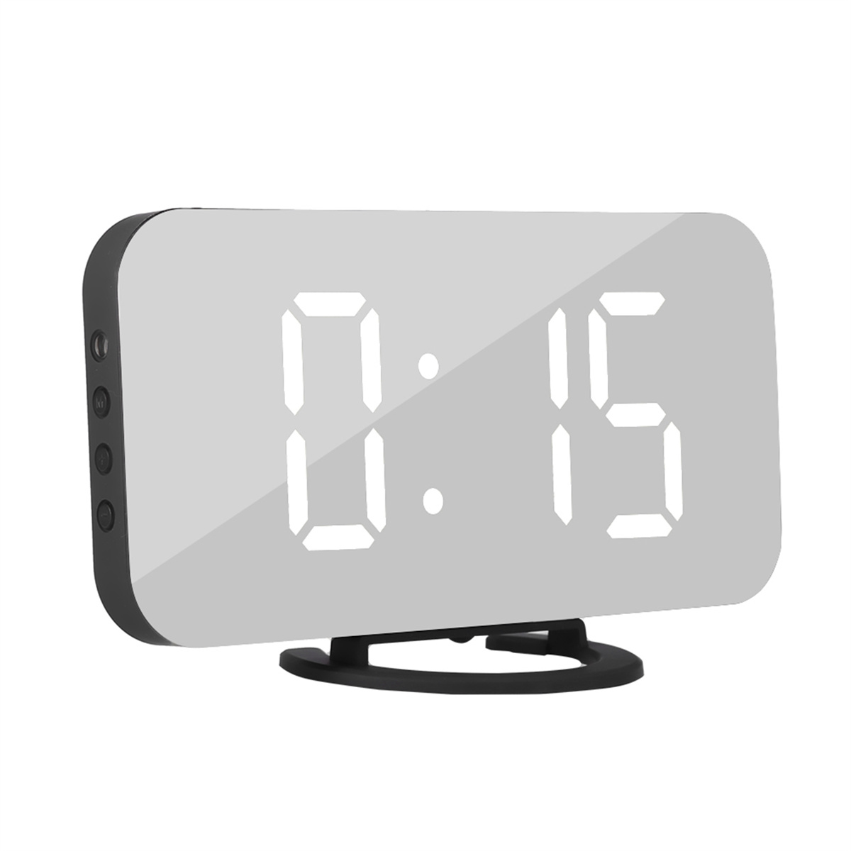 Digitaler Wecker mit weißem Display.