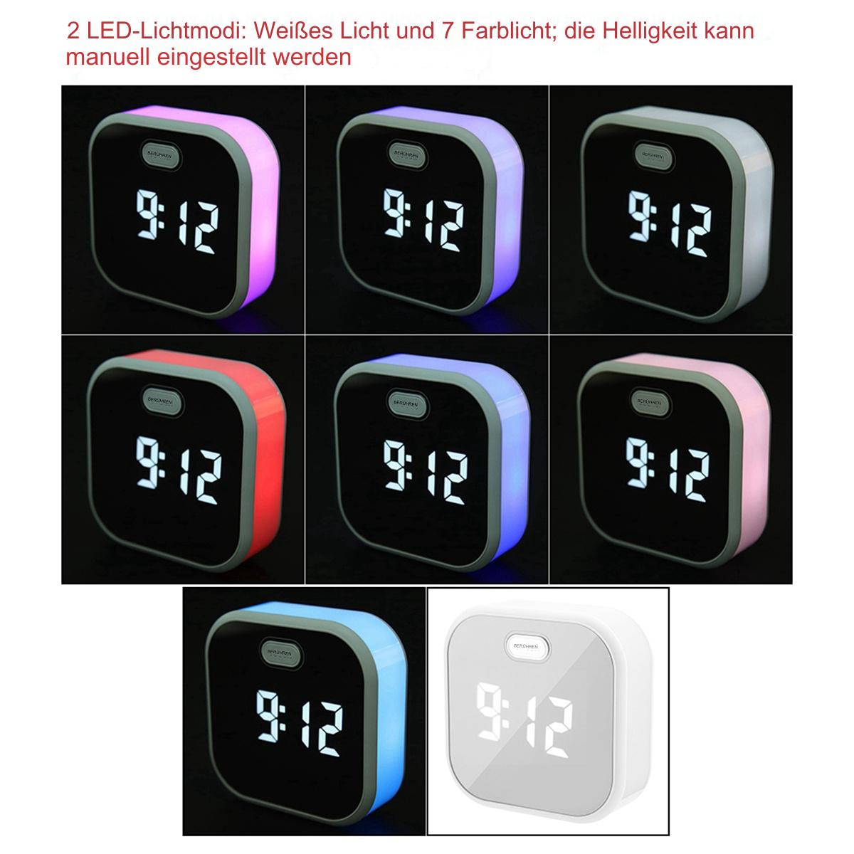 Sieben digitale Wecker zeigen 9:12 in verschiedenen Farben. Weißer Hintergrund.