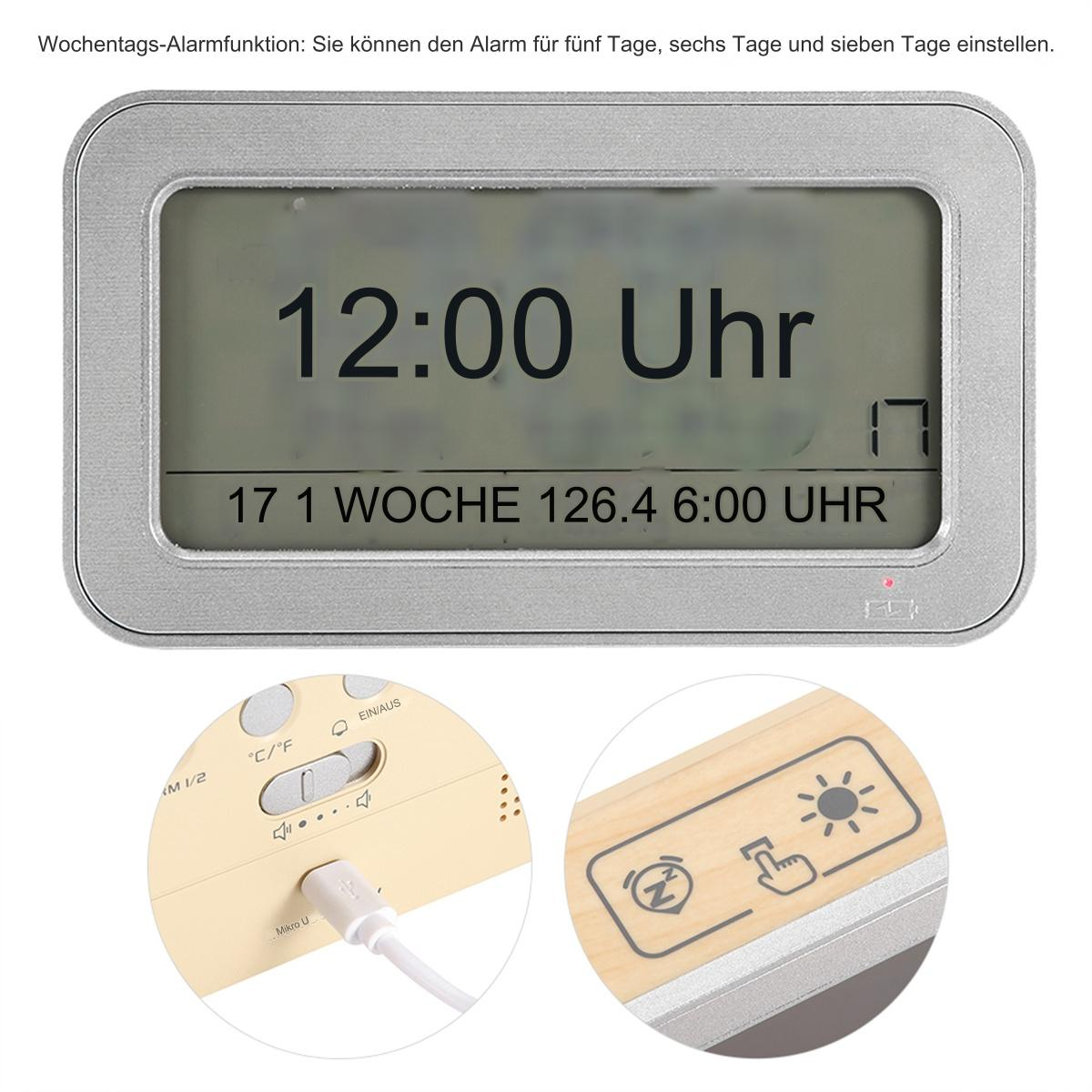 Digitaler Wecker mit Zeitanzeige. Enthält Knöpfe und ein USB-Kabel.