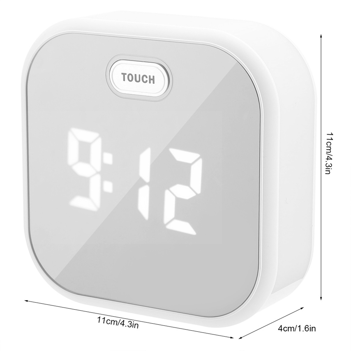 Wecker mit Touchscreen. Anzeige: 9:12. Abmessungen sind angegeben.