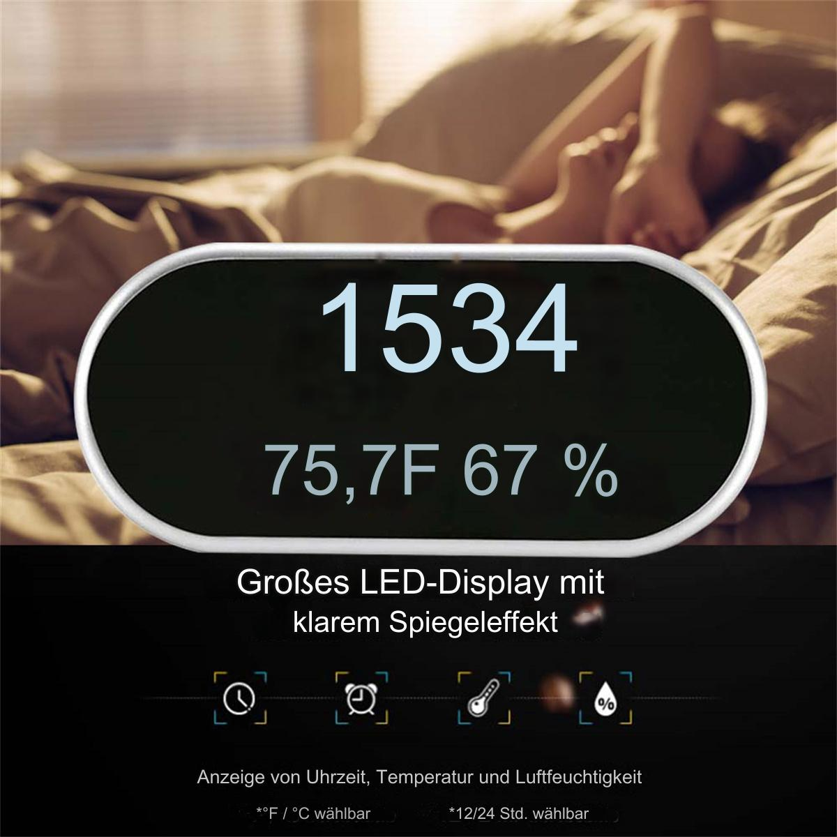 Eine Digitaluhr mit Zahlen, Zeit, Temperatur und Prozentangabe, im Hintergrund ein Bett.