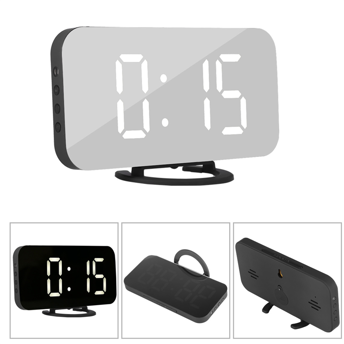 Ein digitaler Wecker zeigt 0:15 an. Die Uhr ist schwarz und silber und zeigt verschiedene Winkel.