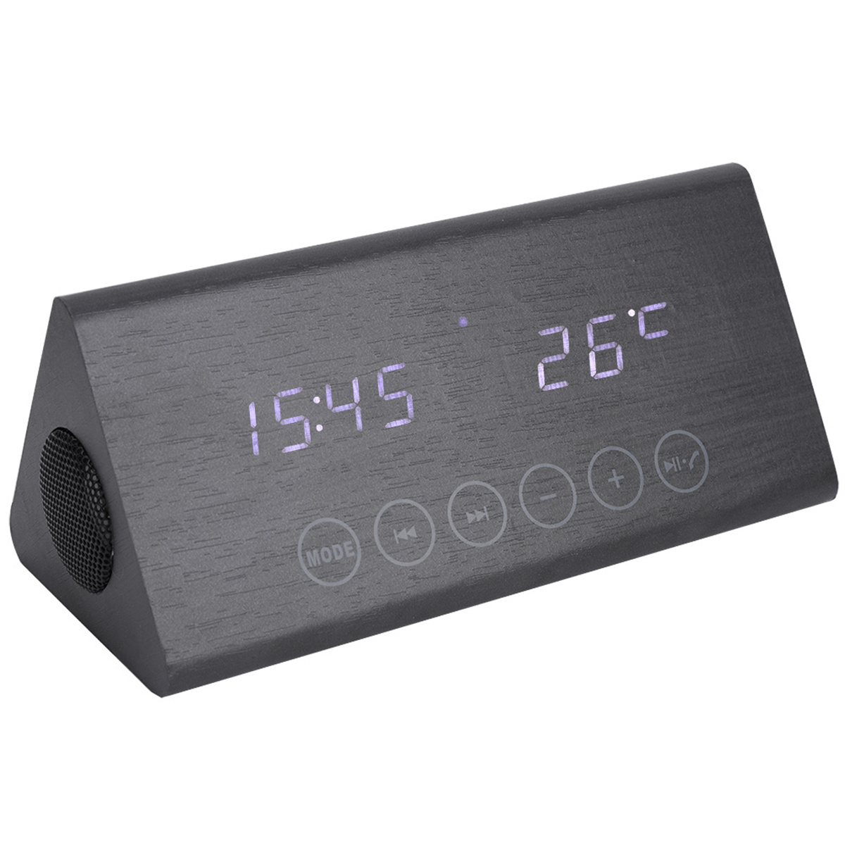 Schwarzer Wecker aus Holz mit Digitalanzeige von Zeit und Temperatur.