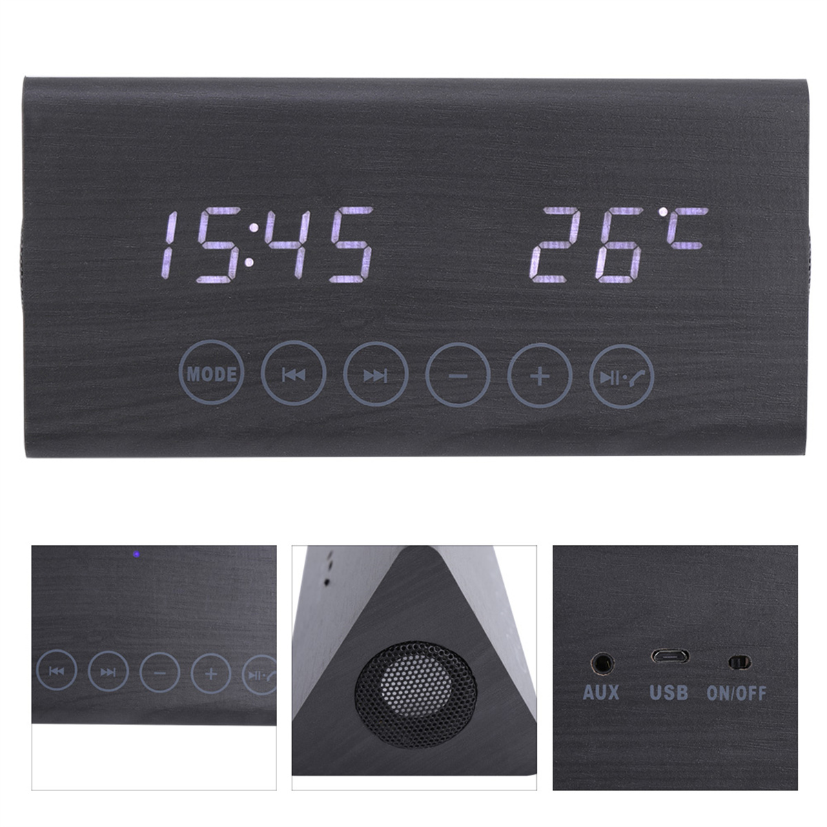 Digitaluhr aus Holz mit Uhrzeit und Temperatur. Tasten für Modus, Wiedergabe/Pause und Lautstärkeregelung sind sichtbar.