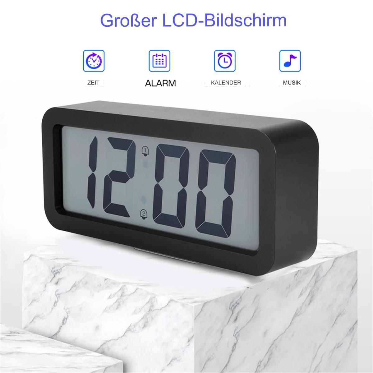 Schwarzer digitaler Wecker mit 12:00 Uhr auf weißem Bildschirm, auf Marmorständer, mit Symbolen.