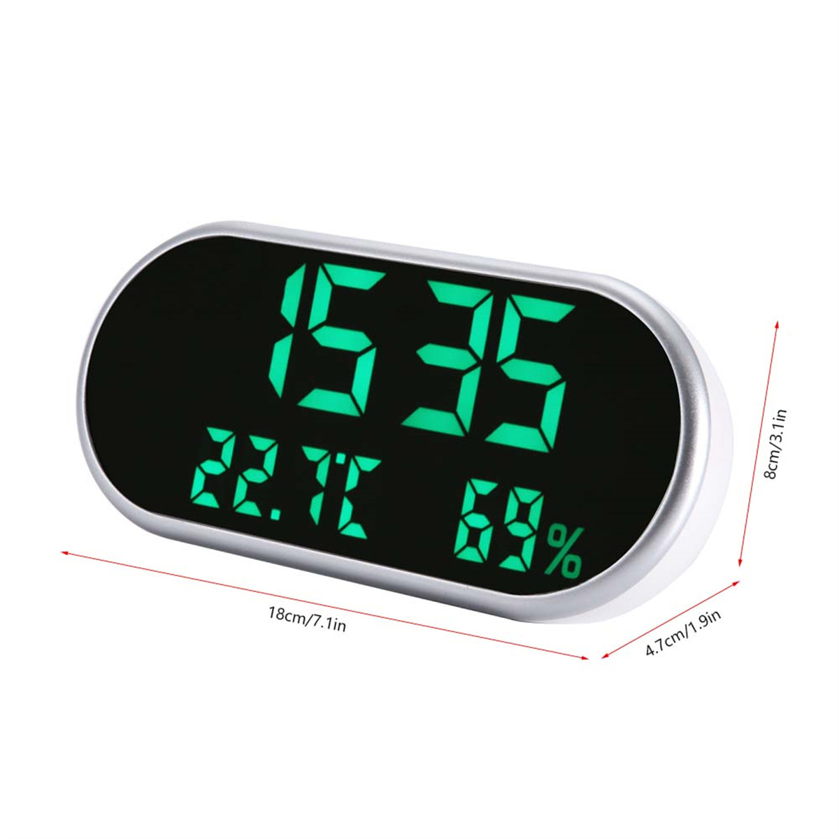 Schwarze Digitaluhr mit Zeit-, Temperatur- und Feuchtigkeitsanzeige. Silberner Rahmen, grüne Ziffern. 18x8cm.