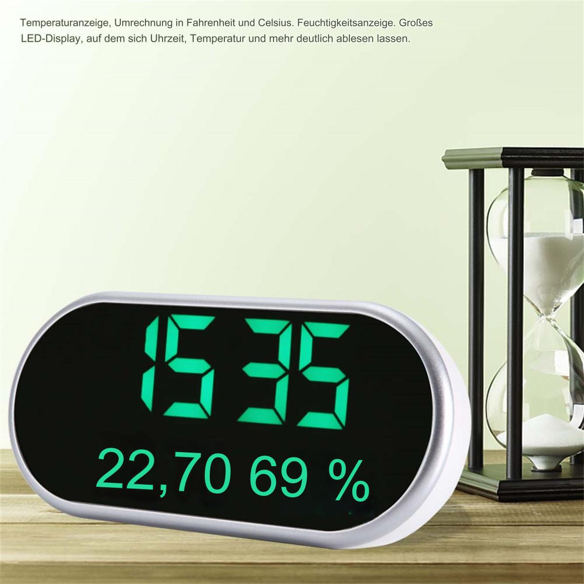 Digitale Uhr zeigt Zeit, Temperatur und Luftfeuchtigkeit mit einer Sanduhr im Hintergrund.