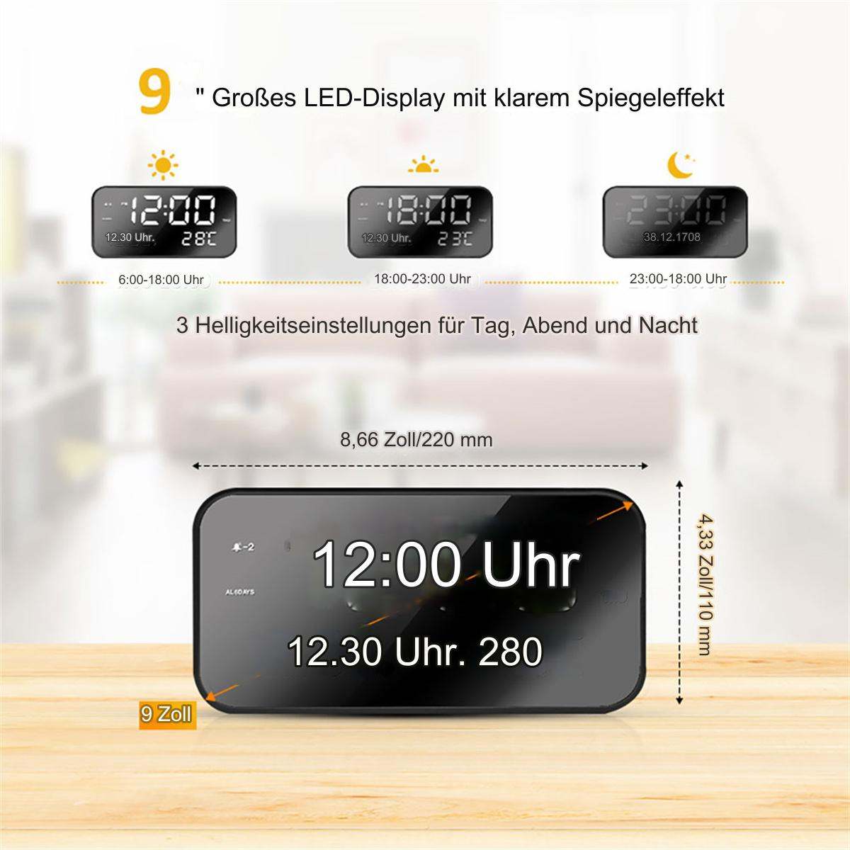 Schwarze Digitaluhr, die Zeit anzeigt, mit Text und Maßen.