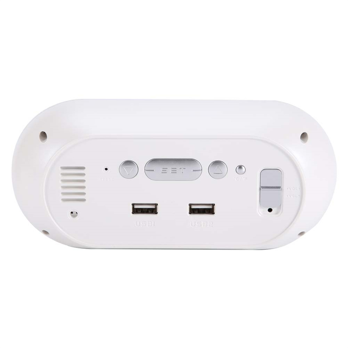 Rückseite eines weißen Digitalweckers mit zwei USB-Anschlüssen und Bedientasten.