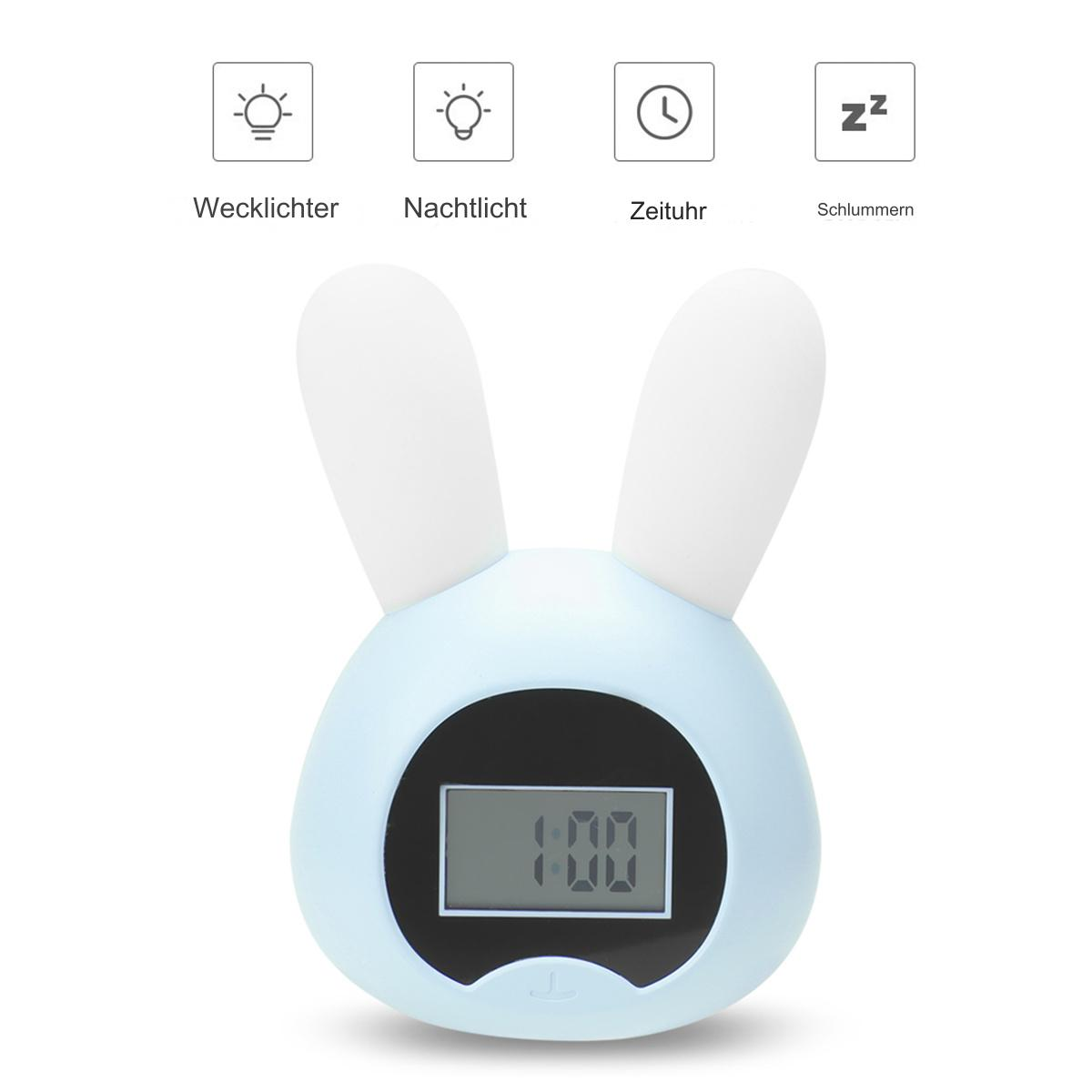 Blauer Hasen-Wecker mit Digitalanzeige, die 1:00 anzeigt. Er hat weiße Ohren.