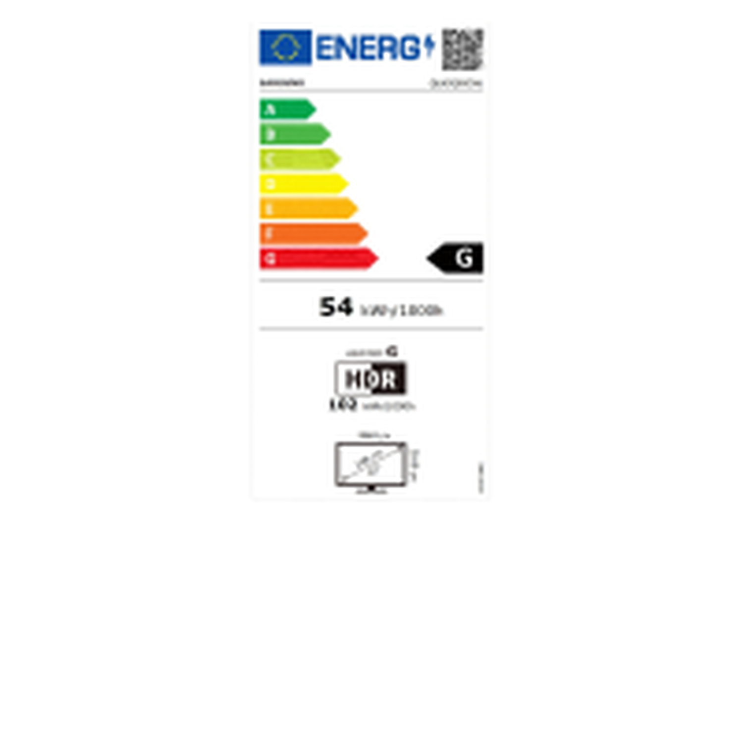 Energieeffizienzlabel für einen Fernseher, zeigt Energieklasse G und weitere Spezifikationen.