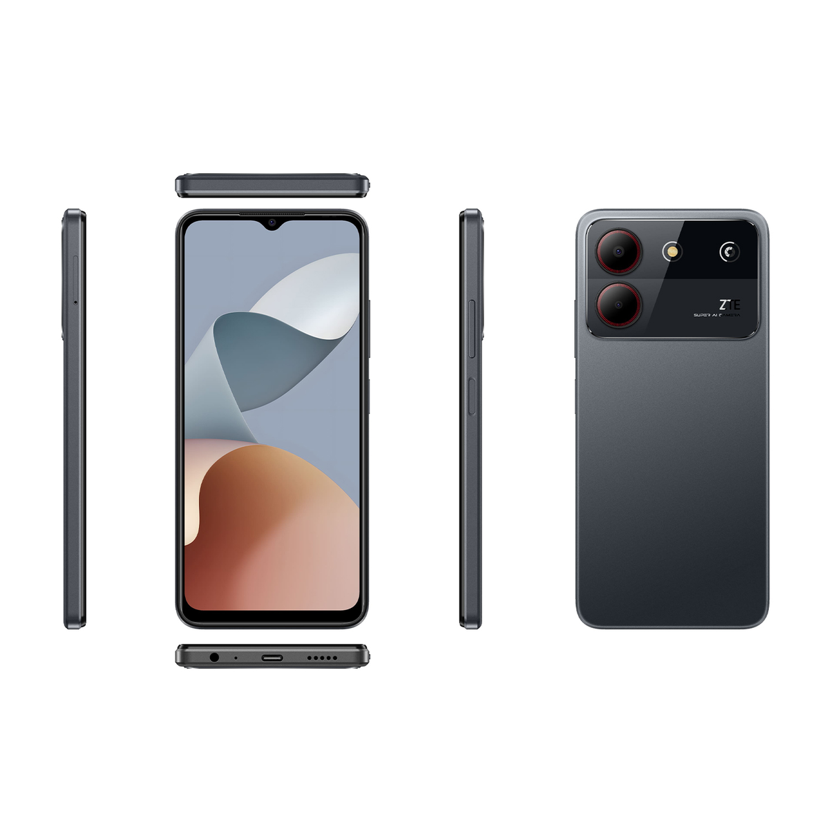 Wiele widoków ciemnego telefonu. Ekran przedni, boki i tył z konfiguracją aparatu.