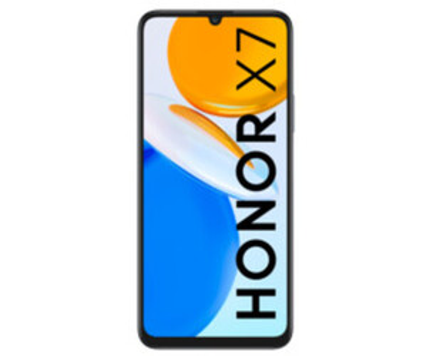 Schermo del telefono Honor X7 con design arancione e bianco, cornice nera. Isolato.