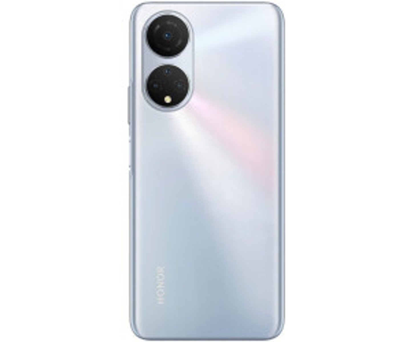 Retro di smartphone Honor azzurro con doppia fotocamera. Superficie bianca.