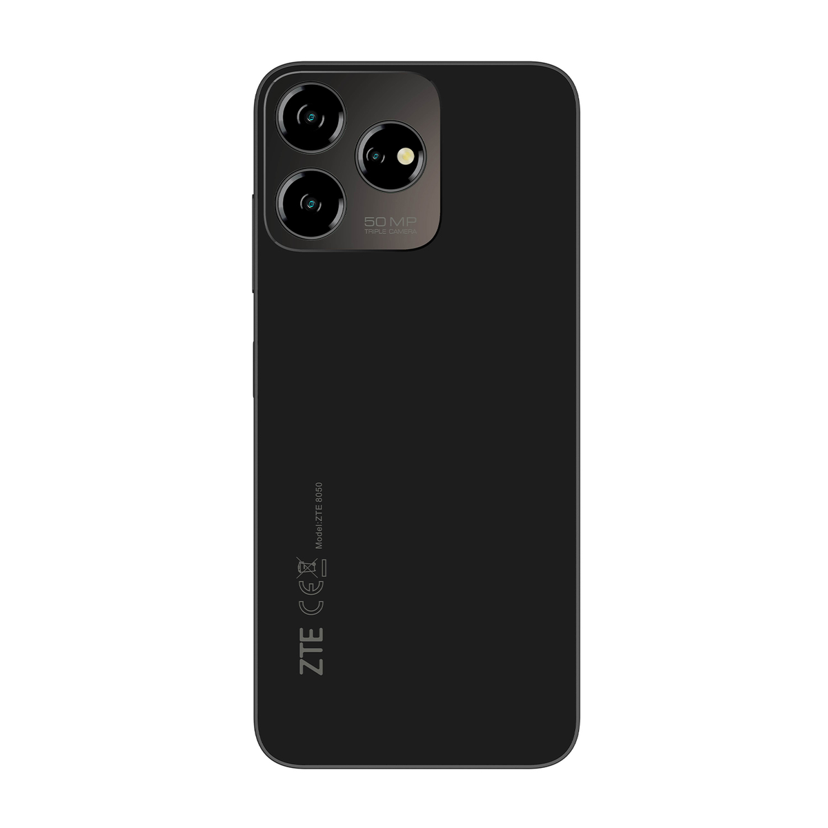 Retro di smartphone nero. Tre obiettivi, fotocamera tripla da 50MP. Logo ZTE.
