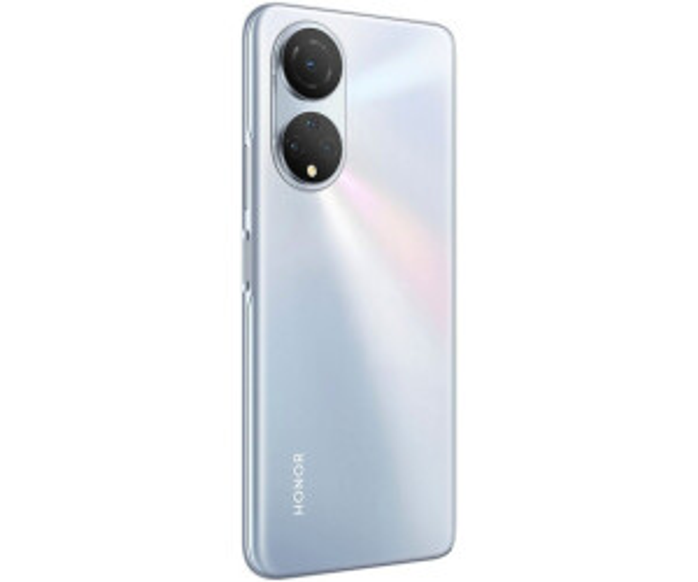 Telefono argento con due fotocamere. Logo HONOR in basso. Sfondo bianco.