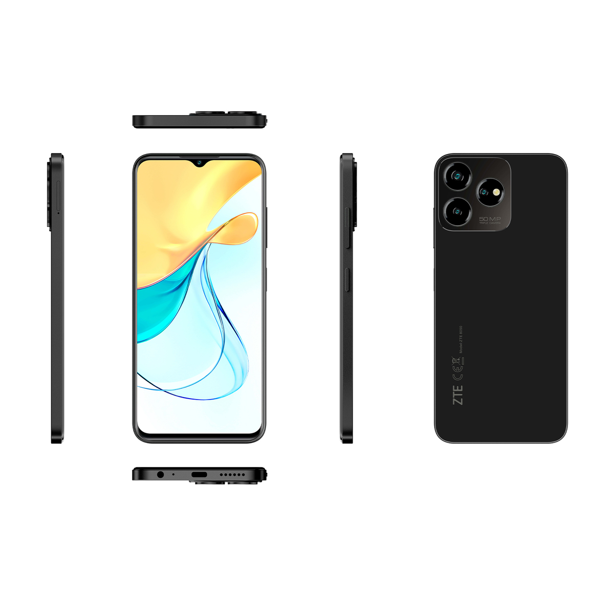 Telefono ZTE nero con più angolazioni. Display con sfondo astratto. Sfondo bianco.
