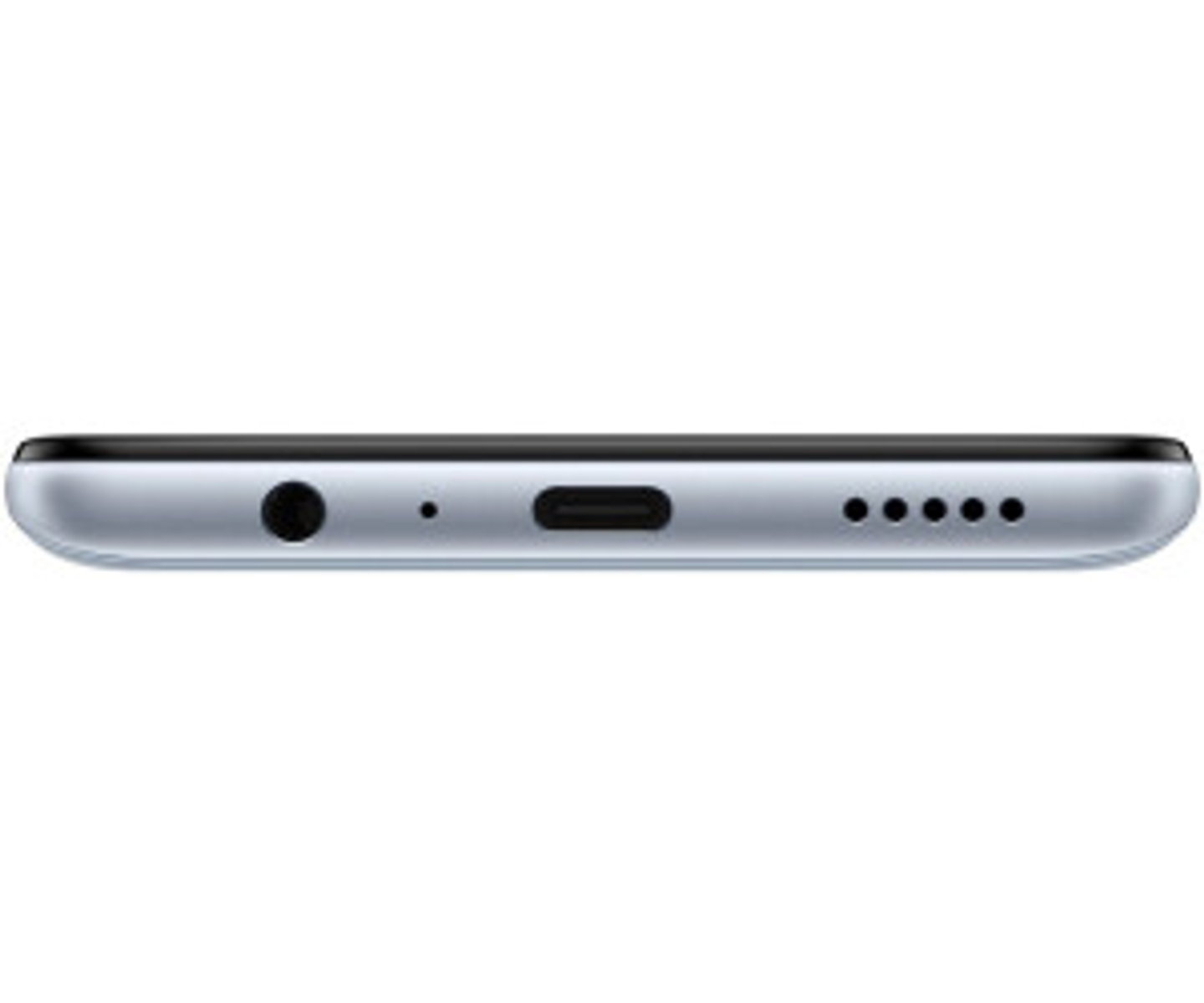 Vista inferiore di un telefono azzurro con porte audio, ricarica e altoparlanti. Contorno nero.