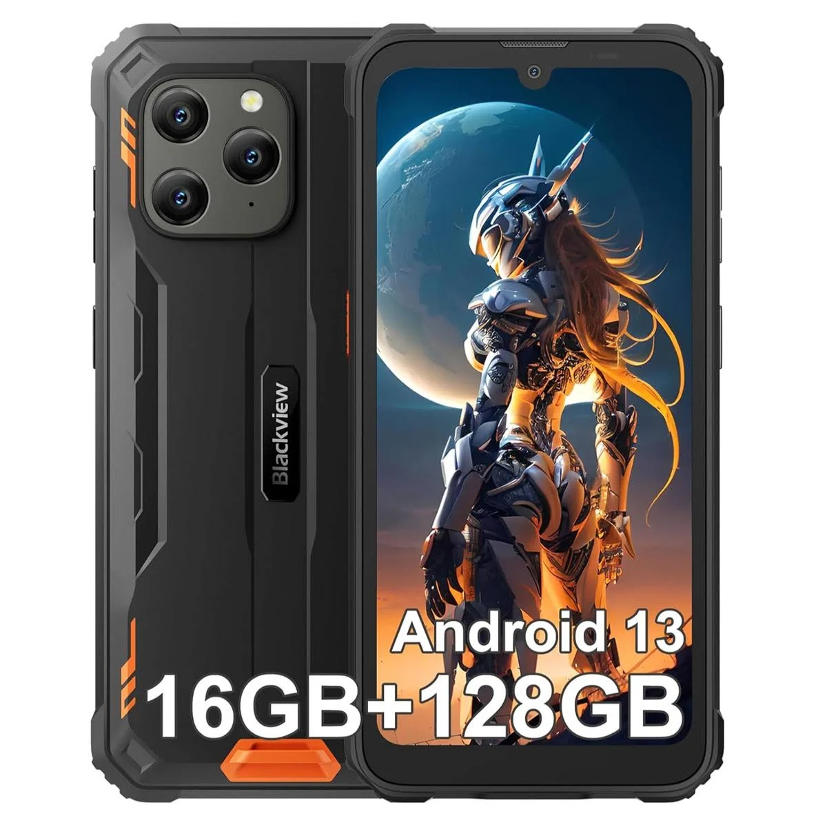 Telefono nero robusto con immagine di guerriero. Dettagli arancioni, logo Blackview.