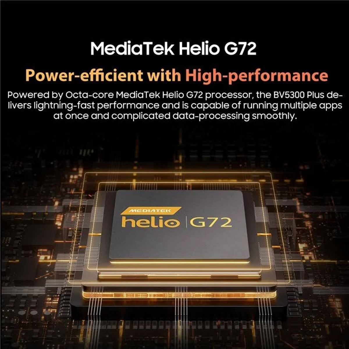 Grafica della CPU (Unità di elaborazione centrale) con testo: MediaTek Helio G72, efficiente, alte prestazioni.