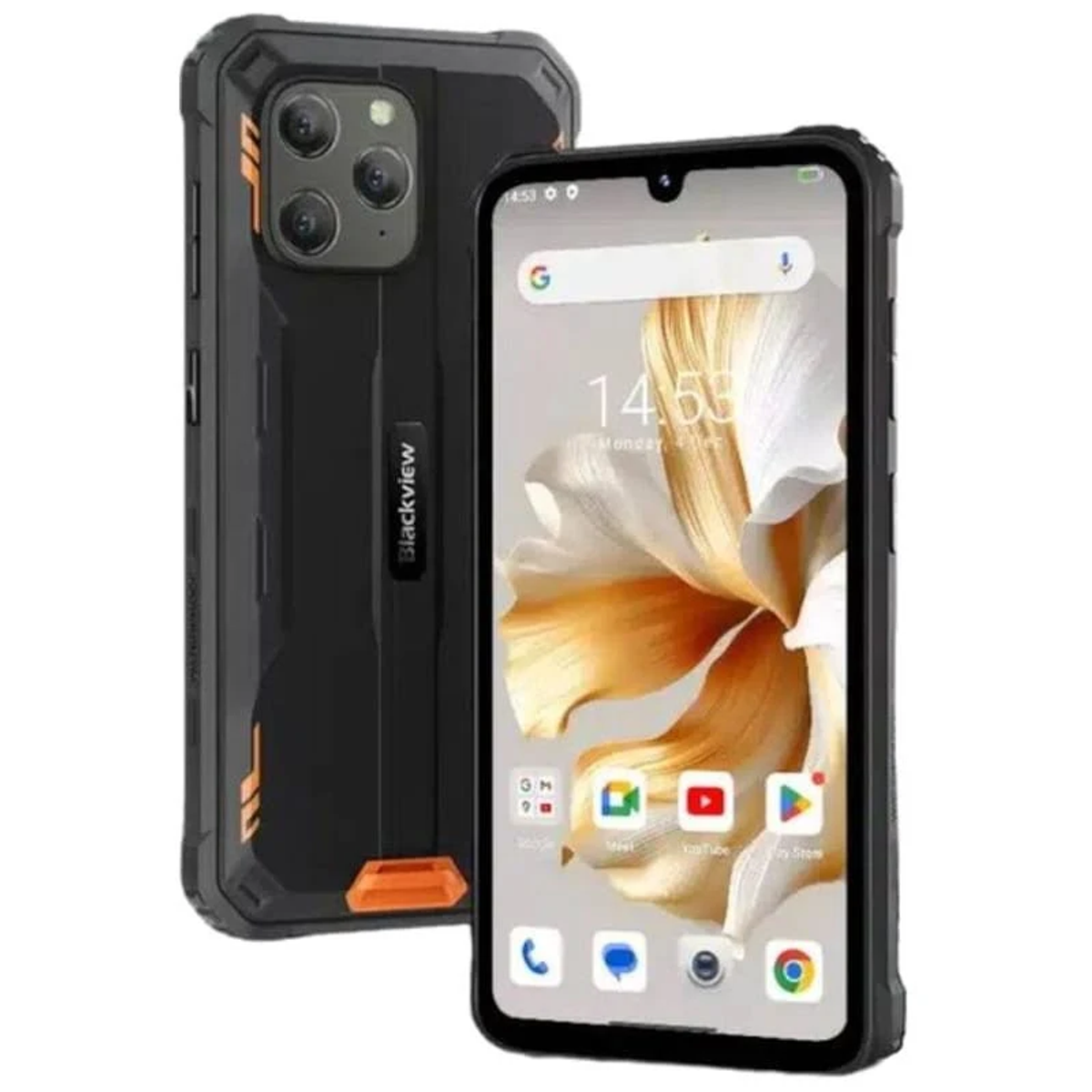 Smartphone con custodia robusta nera e arancione. Mostra un'immagine di fiore bianco.