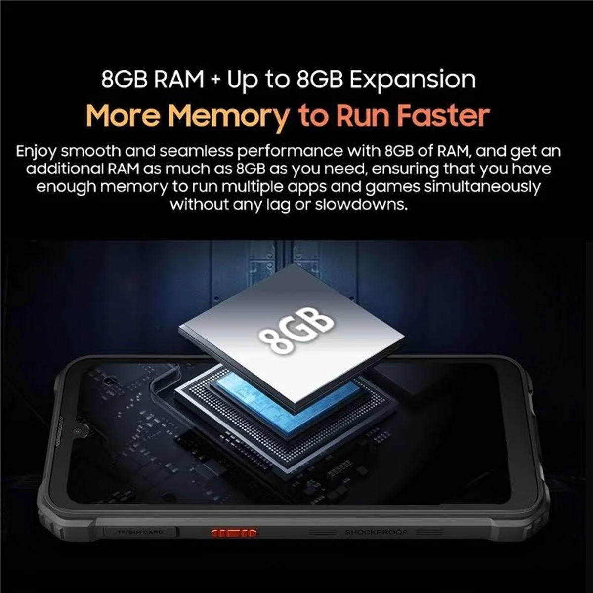 Smartphone con 8GB RAM ed espansione, mostrando componenti interni.