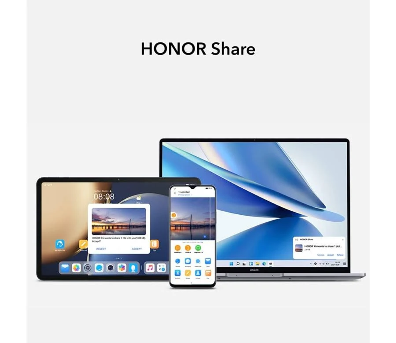 Wiele urządzeń udostępnia pliki: tablet, telefon i laptop. Logo HONOR Share widoczne.