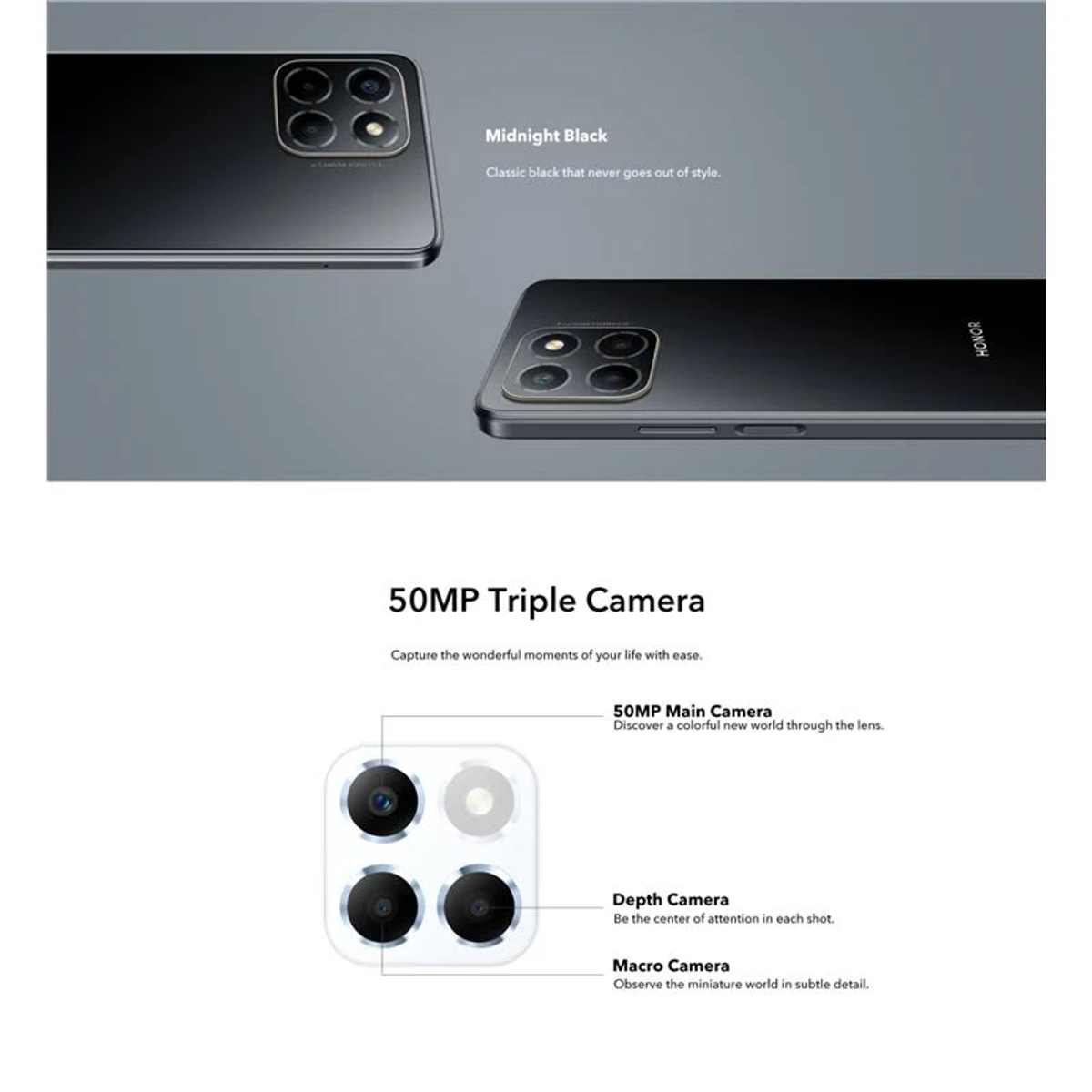 Czarny tył telefonu z potrójnym aparatem. Tekst: 50MP Triple Camera. Tekst: Midnight Black.