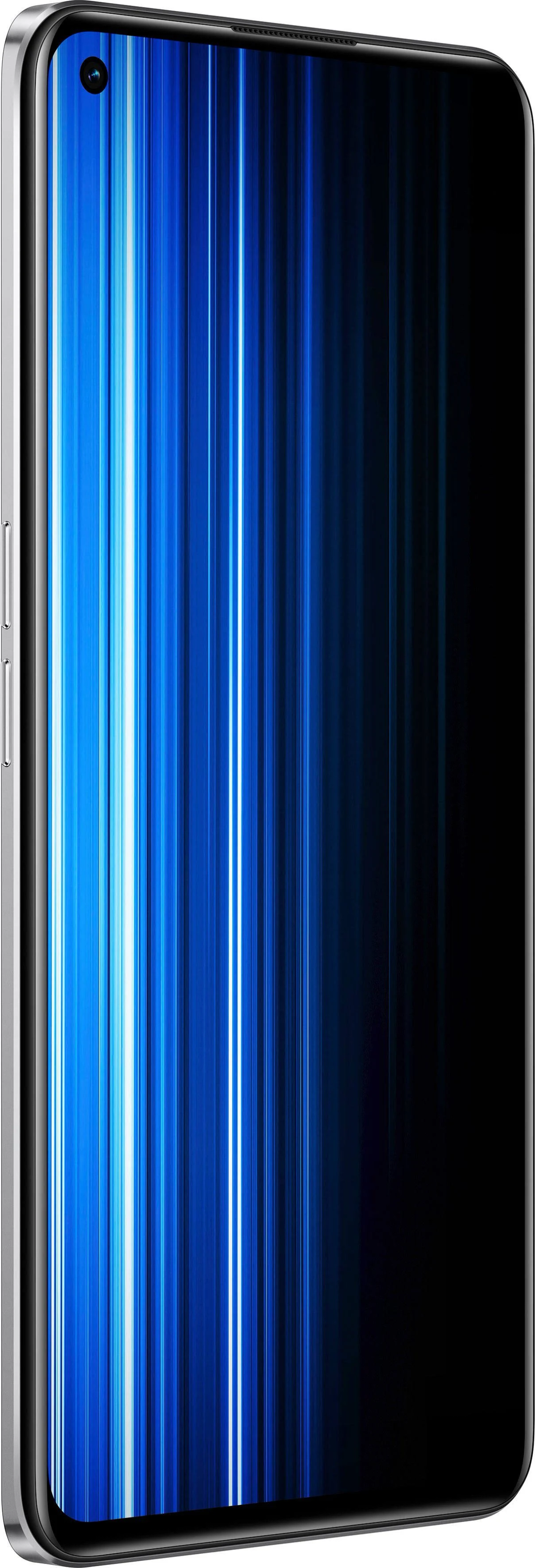 Ein hohes Smartphone mit blauem und schwarzem Bildschirm, silbernem Rahmen und Kamera.