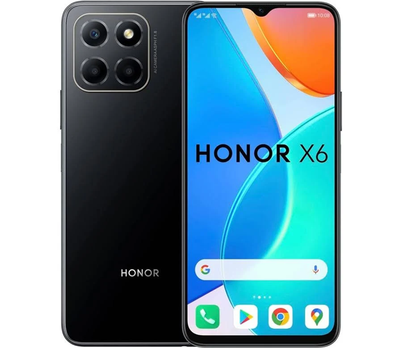 Czarny telefon Honor X6, z wieloma aparatami z tyłu i ekranem z przodu.