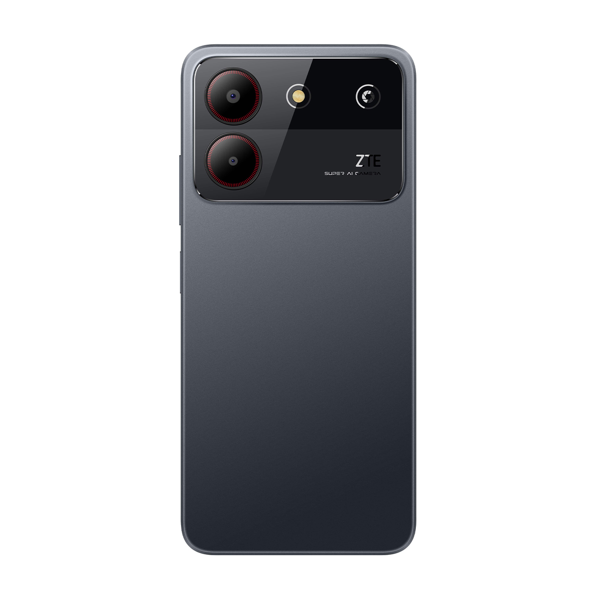 Czarny telefon ZTE z podwójnymi aparatami i eleganckim designem, na białym tle.