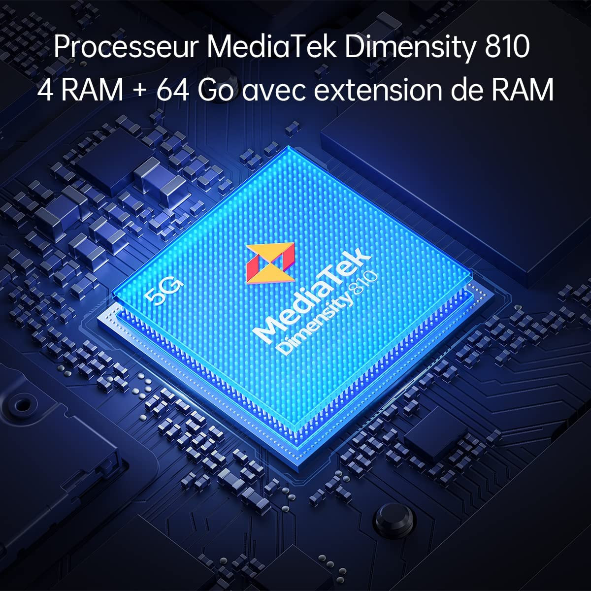 Blauer Prozessor-Chip mit Text. Text: MediaTek Dimensity 810, 4 RAM + 64 Go mit RAM-Erweiterung.