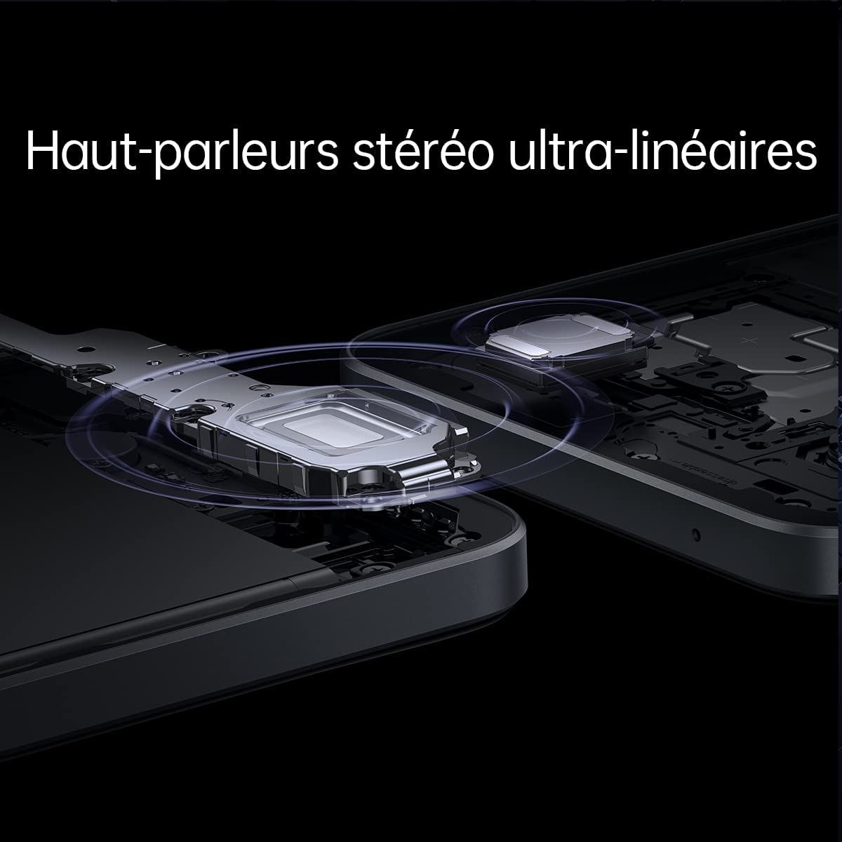 Nahaufnahme von Telefonkomponenten. Text: 'Ultra-lineare Stereolautsprecher' auf dunklem Hintergrund.