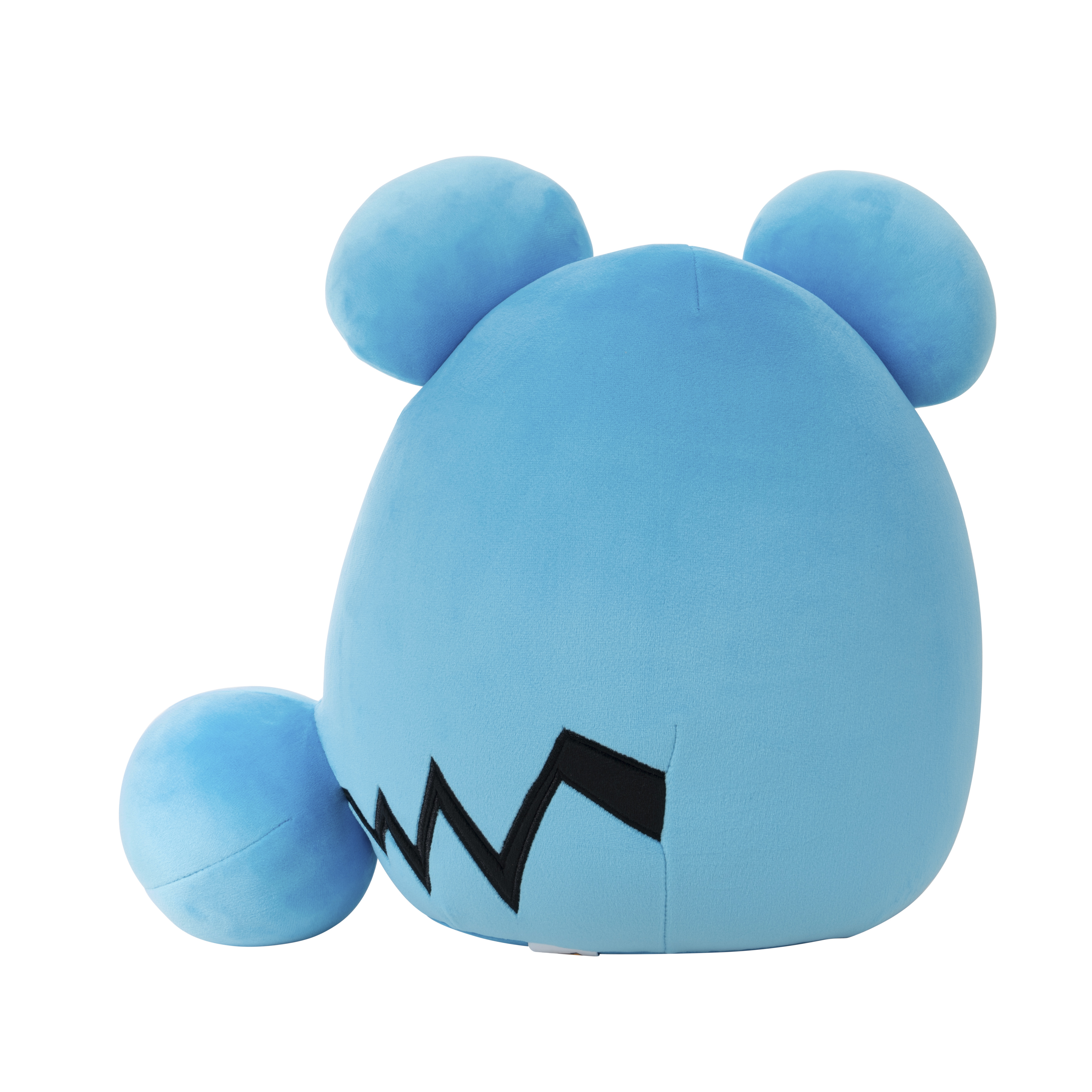 Jouet en peluche bleu. Le jouet a deux oreilles, une bouche et une queue.