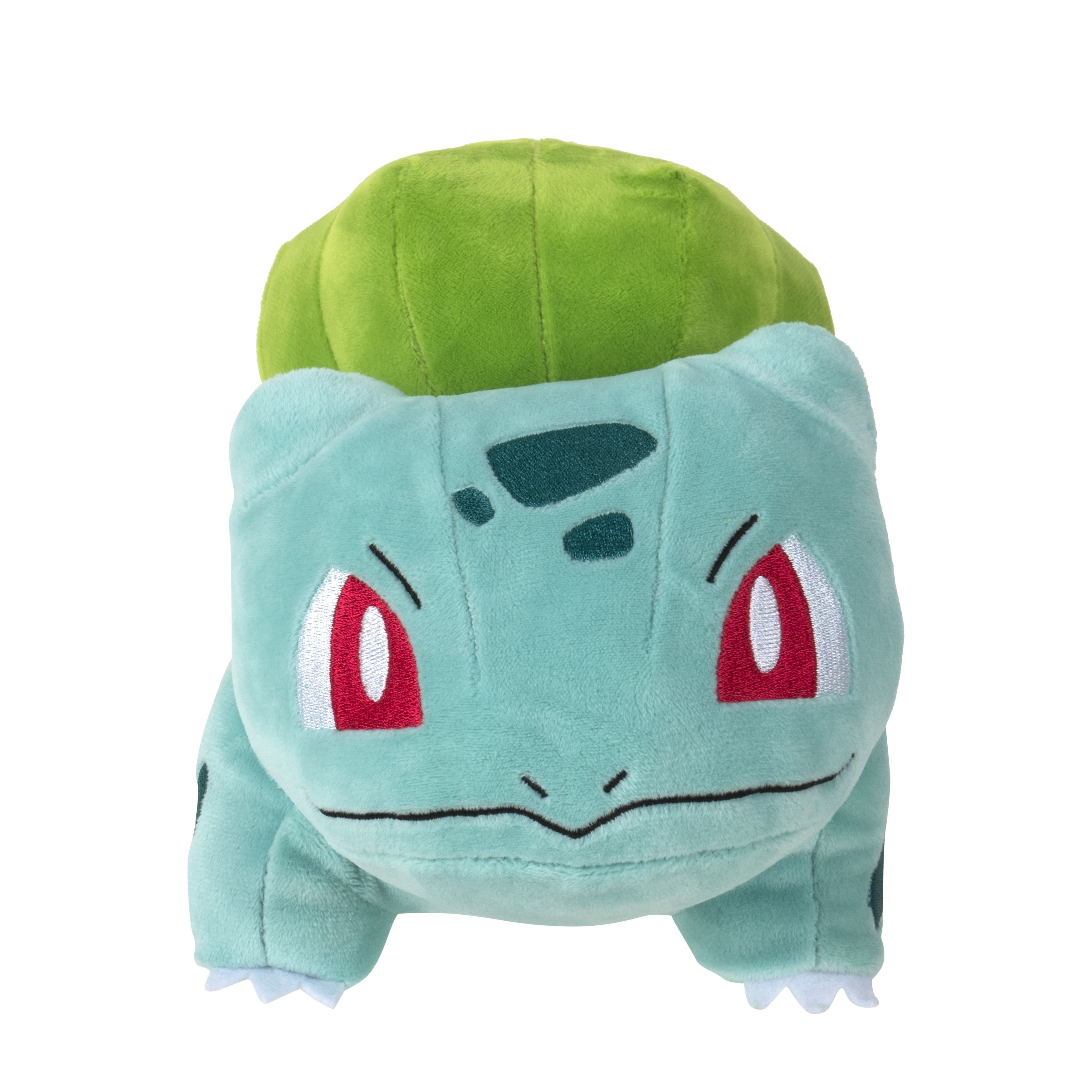Bulbasaur-Plüschtier, grün und hellblau, mit roten Augen.