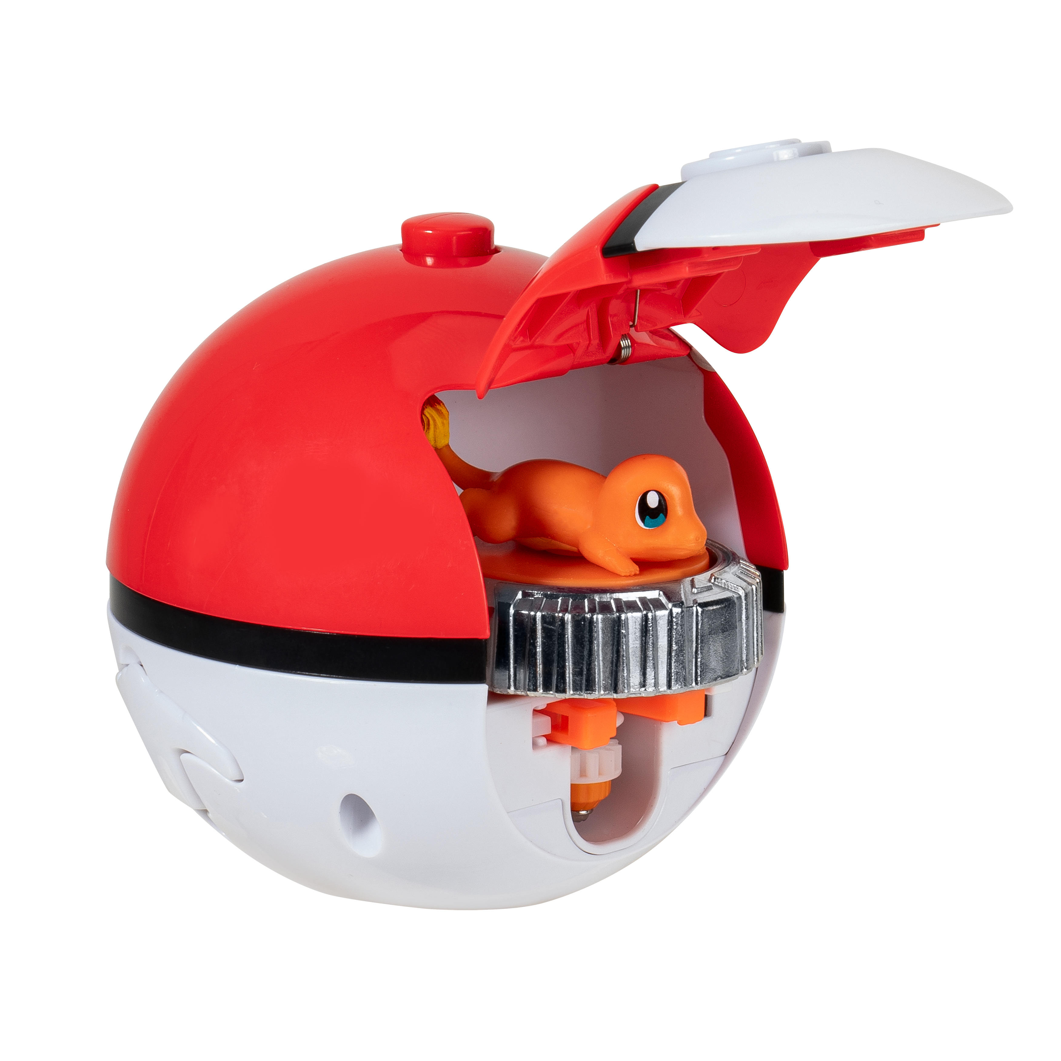 Ein geöffnetes rot-weißes Pokéball-Spielzeug, das eine Charmander-Figur in einem Mechanismus zeigt.