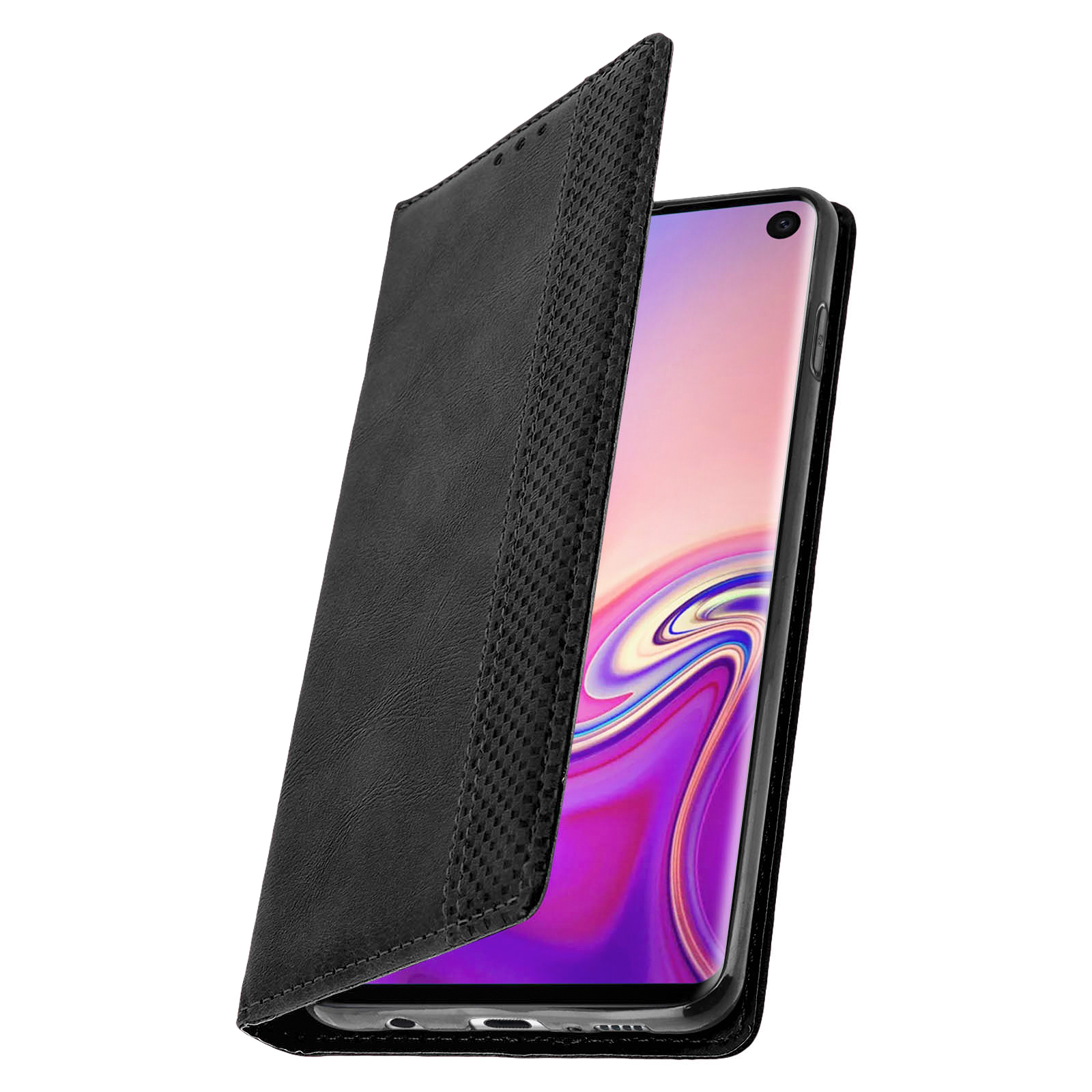 Smartphone nero in custodia nera. Schermo del telefono visibile. Texture in pelle, cover nera.