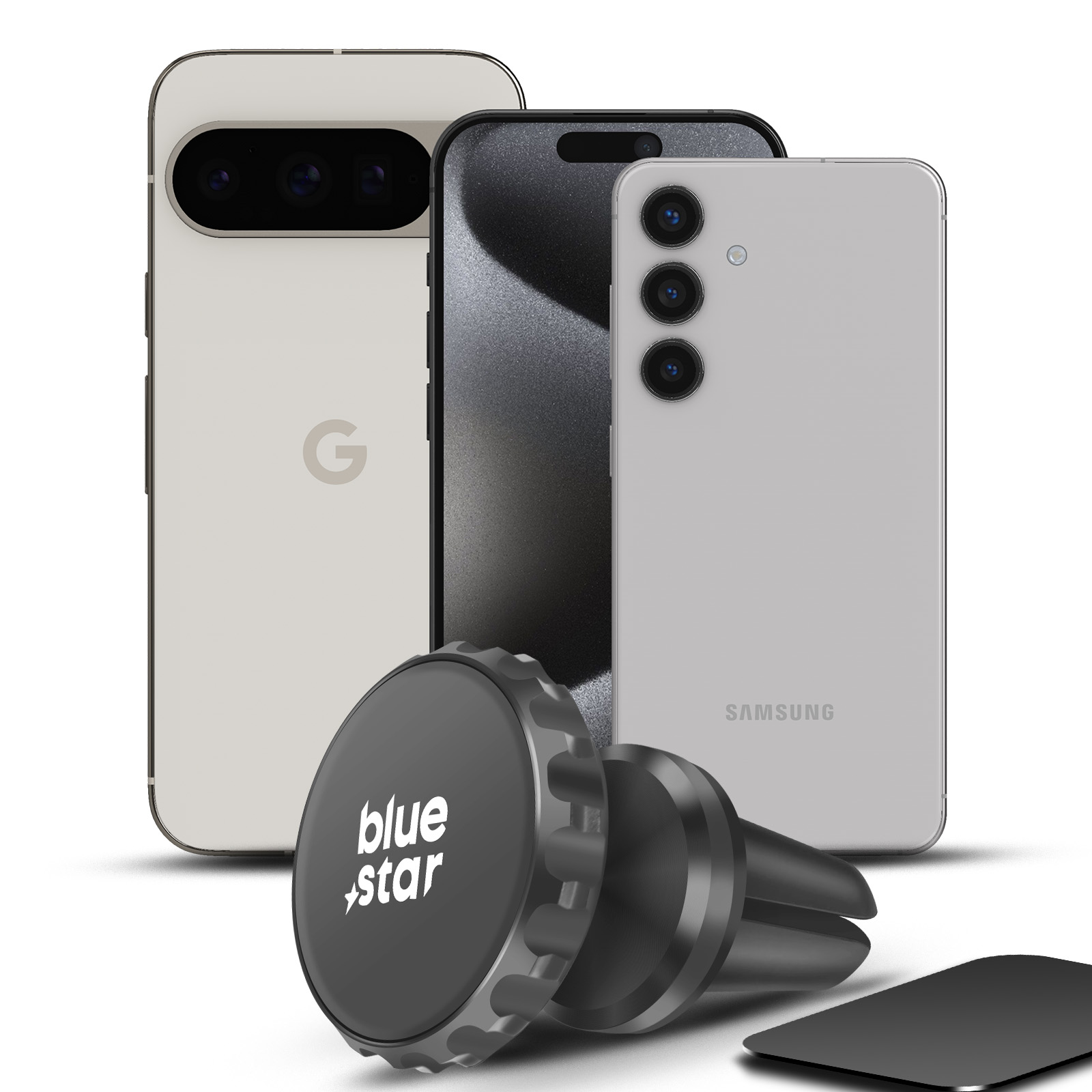 Immagine di tre smartphone e un supporto per auto, che mostra design e un supporto per auto con logo del marchio.