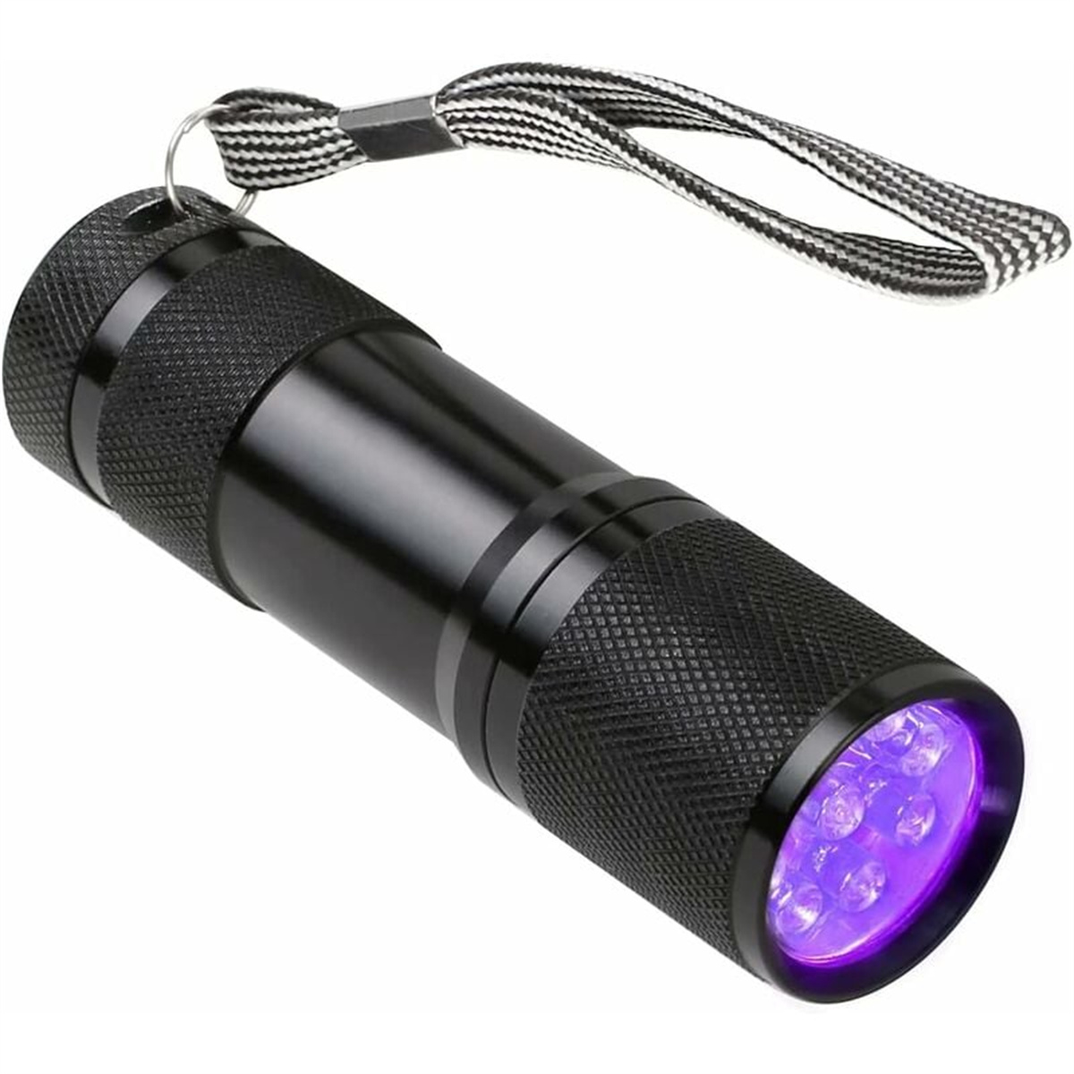 Schwarze UV-Taschenlampe mit violettem Licht.