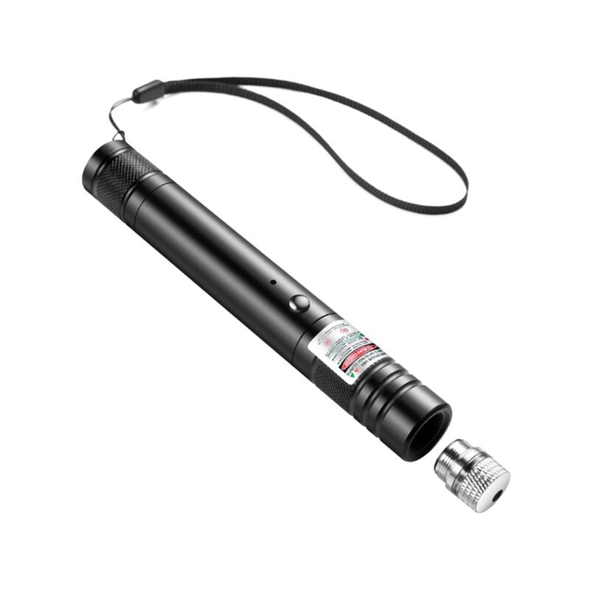 Schwarzer Laserpointer mit silberner Spitze und abnehmbarem Silberende.