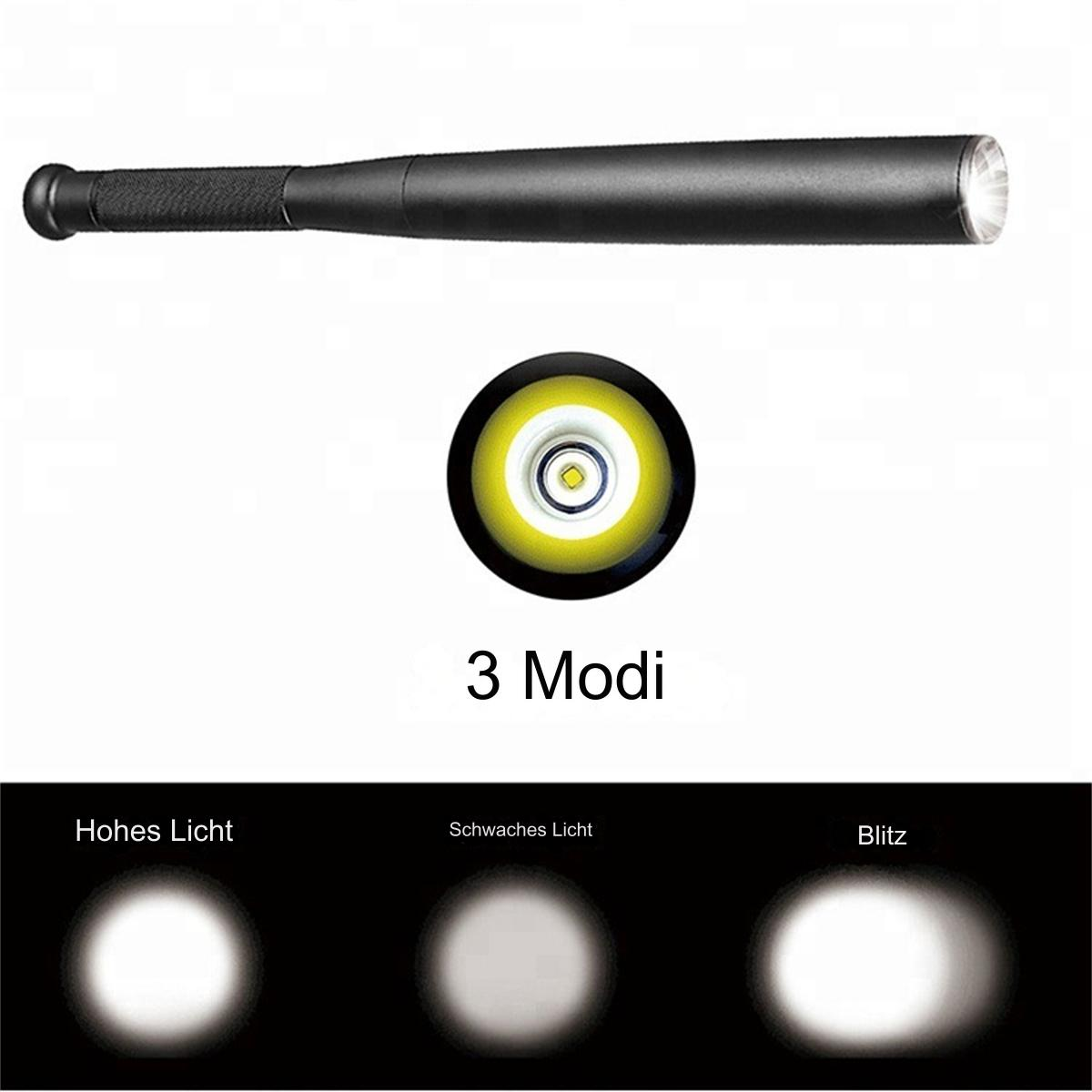 Eine schwarze Taschenlampe/Schlagstock mit drei Lichtmodi: hoch, schwach und Blitz.